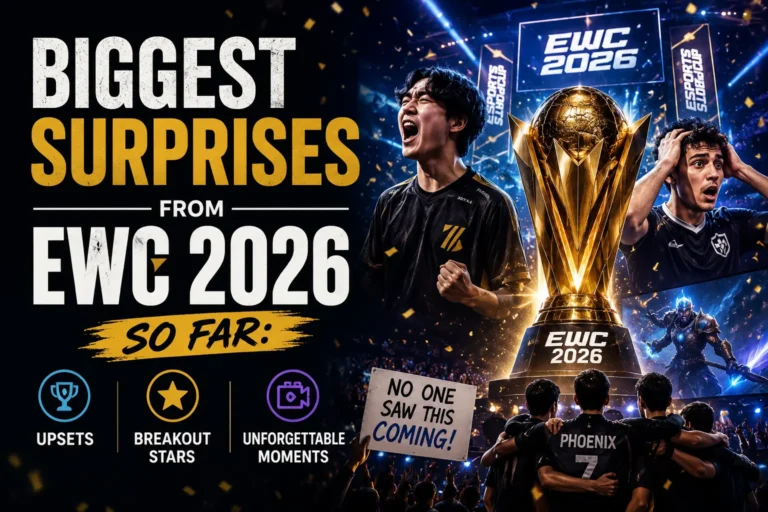 Professional esports players celebrating an upset victory during the EWC 2026
