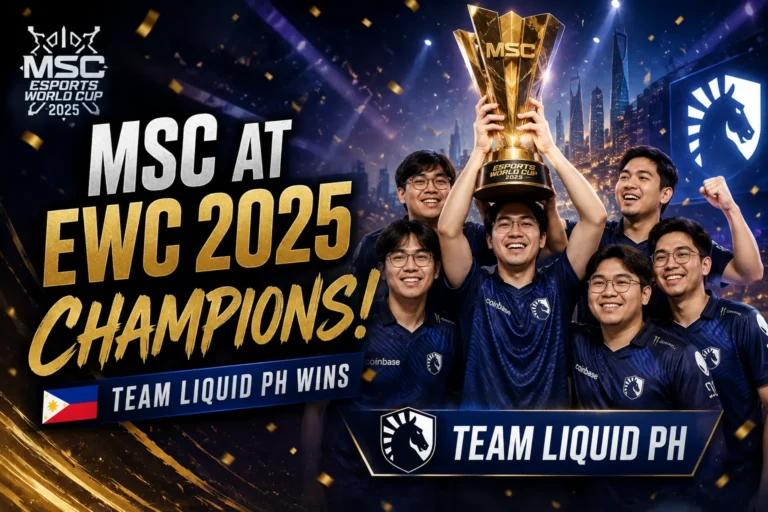 Team Liquid PH celebrating after winning the MSC at EWC 2025 championship