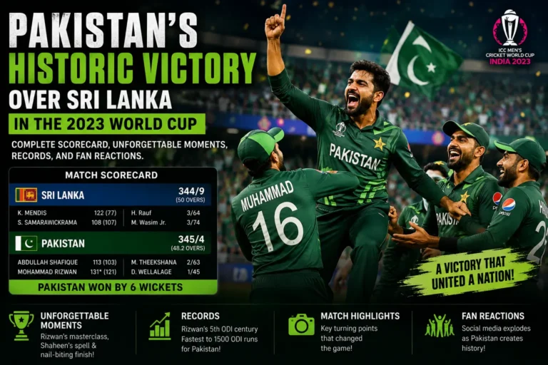 Mohammad Rizwan’s Masterclass and Abdullah Shafique’s Century: How Pakistan Conquered Sri Lanka in a World Cup Classic Mohammad Rizwan and Abdullah Shafique celebrating their match-winning partnership against Sri Lanka in ICC Cricket World Cup 2023