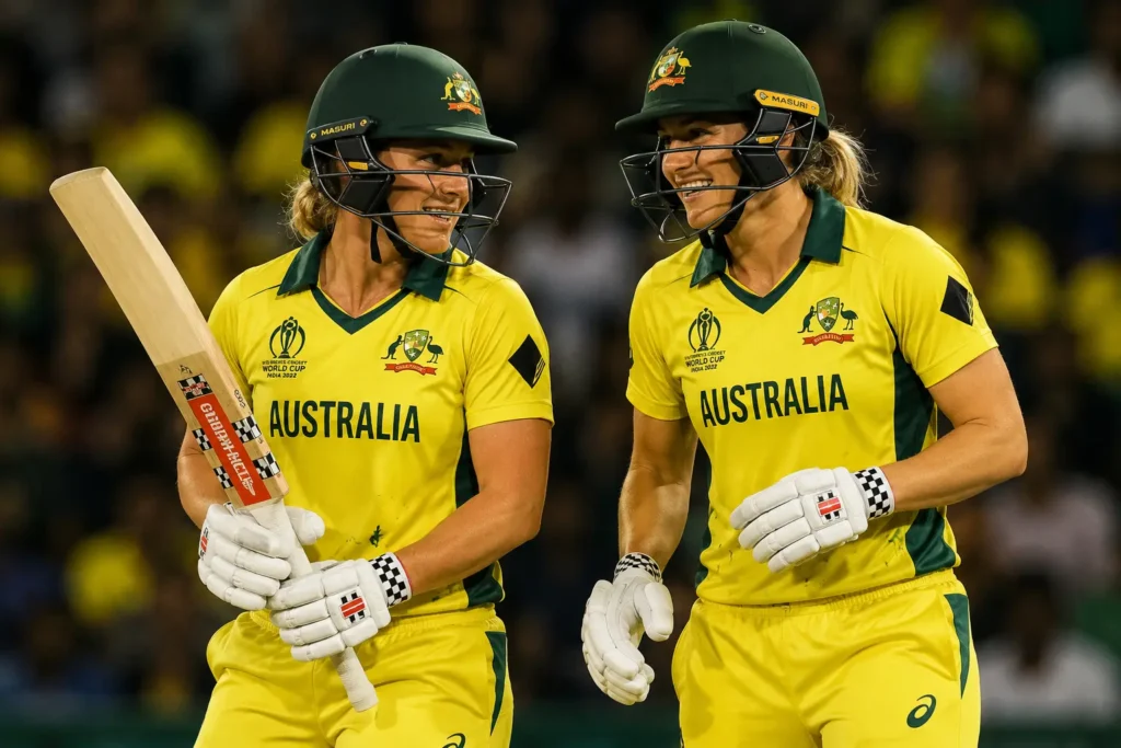 Ashleigh Gardner batting alongside Ellyse Perry during an Australia women's cricket match.