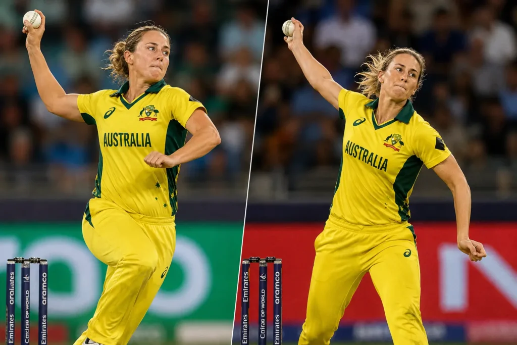 Ashleigh Gardner bowling off-spin and Ellyse Perry bowling pace for Australia