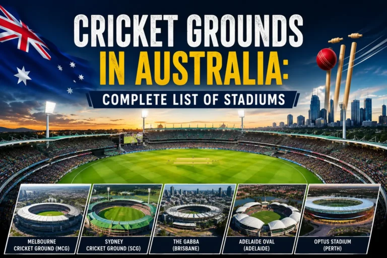 Cricket Grounds in Australia | List of Cricket Stadiums Panoramic view of Cricket Grounds in Australia, including the Melbourne Cricket Ground, Sydney Cricket Ground, Adelaide Oval, and Optus Stadium.