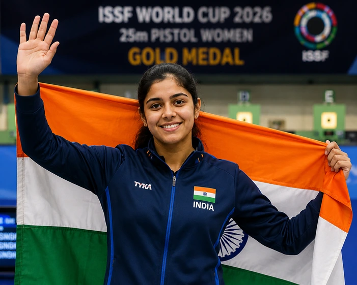 Esha Singh Biography: Age, Career, Medals, Ranking & Records (2026 Updated) Esha Singh waving to the crowd or holding the Indian flag