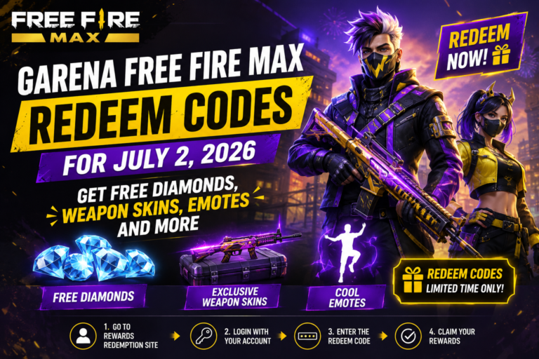 Garena Free Fire MAX redeem codes for July 2, 2026 offering free diamonds, weapon skins and exclusive rewards