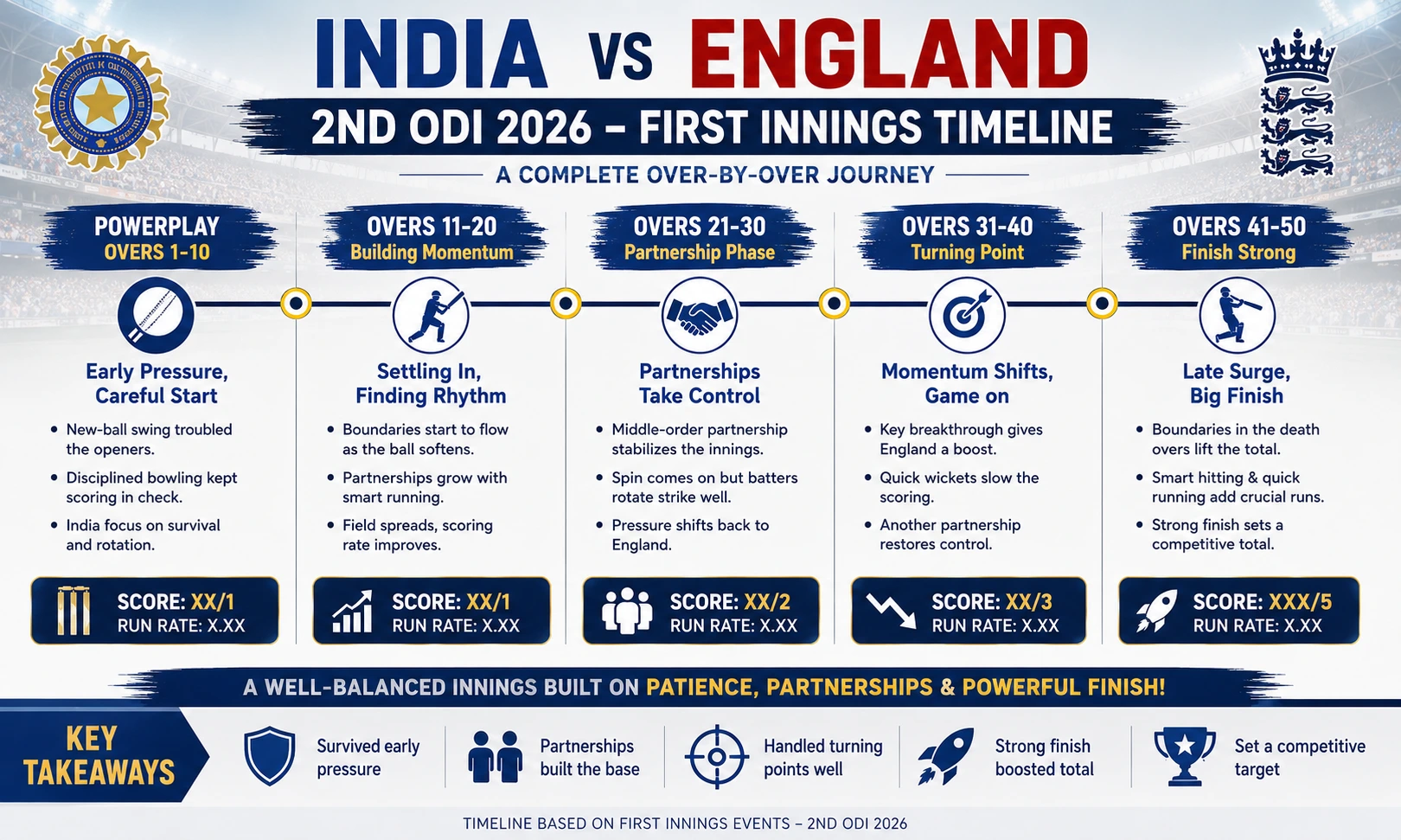 India National Cricket Team vs England Cricket Team Timeline: 2nd ODI 2026 First Innings : India National Cricket Team vs England Cricket Team timeline