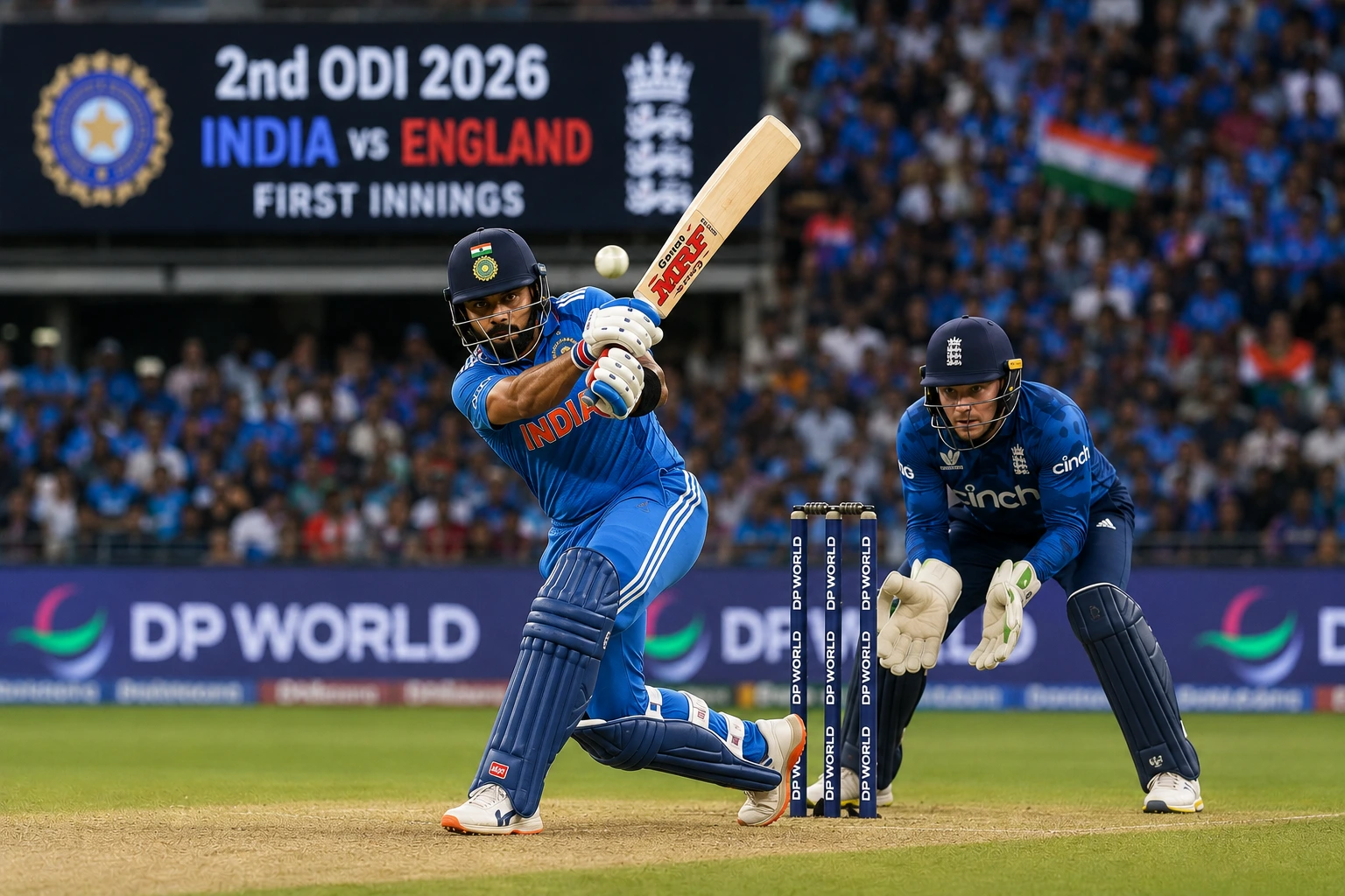 India National Cricket Team vs England Cricket Team Timeline: 2nd ODI 2026 First Innings Indian batter playing a cover drive against England in the 2026 ODI
