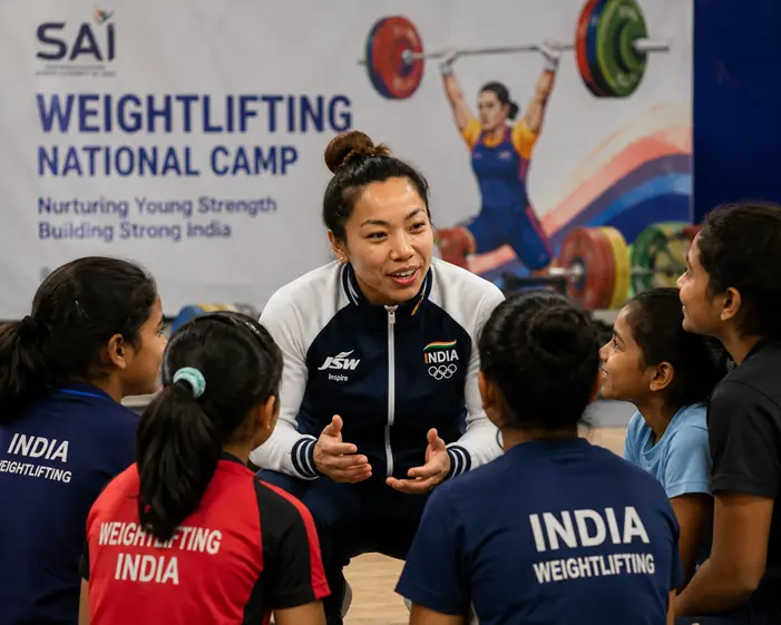 Mirabai Chanu Biography: Age, Height, Husband, Medals, Career & Net Worth (2026) Mirabai Chanu inspiring young Indian weightlifters during a sports event
