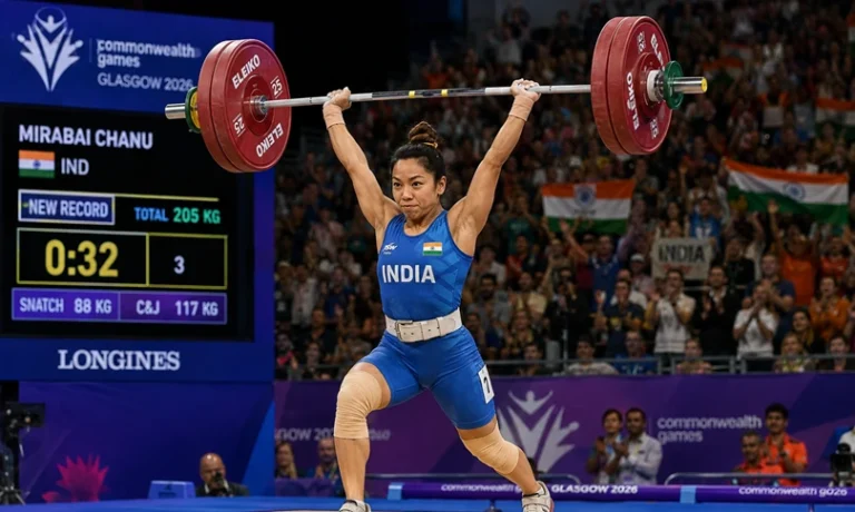 CWG 2026 Mirabai Chanu : India’s First Gold Comes with a Record Lift Mirabai Chanu lifting record weight CWG 2026 gold medal performance