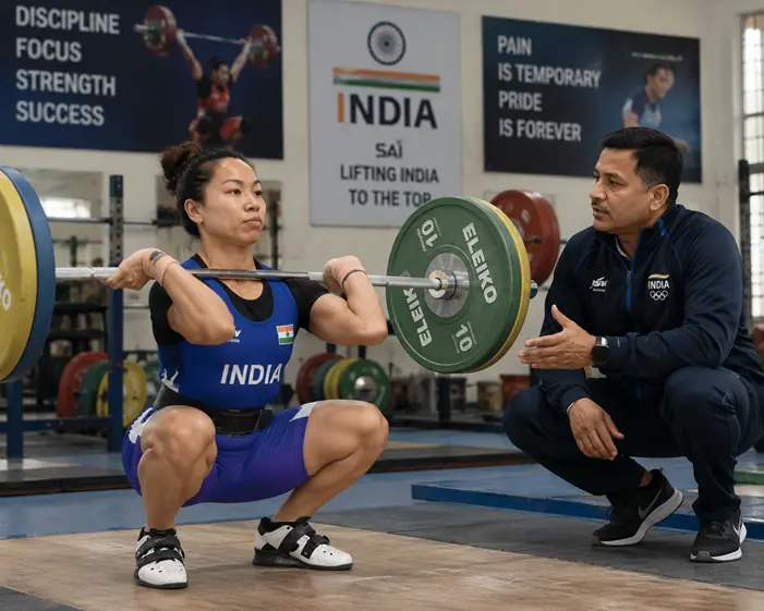 Mirabai Chanu Biography: Age, Height, Husband, Medals, Career & Net Worth (2026) Mirabai Chanu training with Olympic weightlifting coach in India