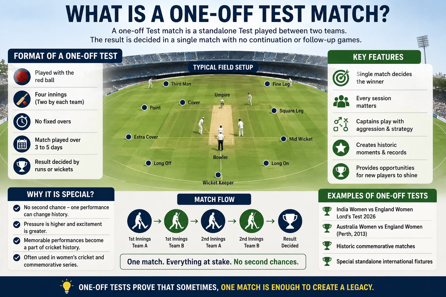 One-Off Tournaments in Cricket: Meaning, Importance, Format, Famous Records & India Women vs England Women Test 2026 Explanation of one-off Test cricket format with field settings