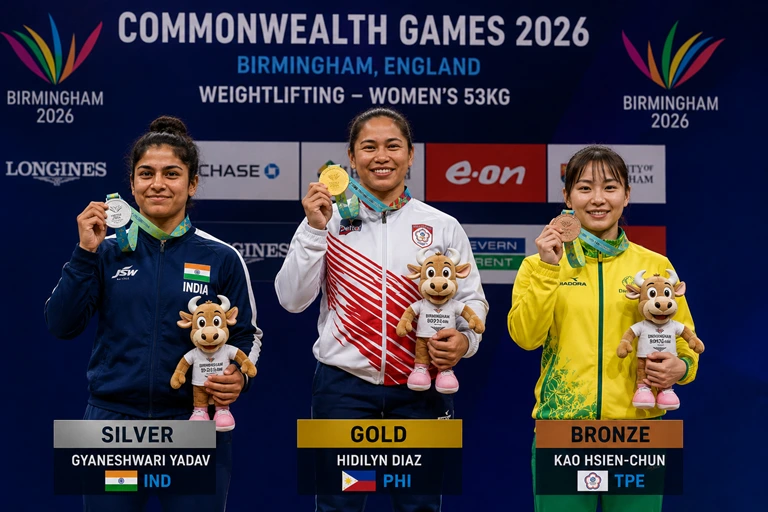 CWG 2026 Gyaneshwari Yadav: Indian Weightlifter Wins India's Third Silver Womens 53kg weightlifting medal ceremony CWG 2026