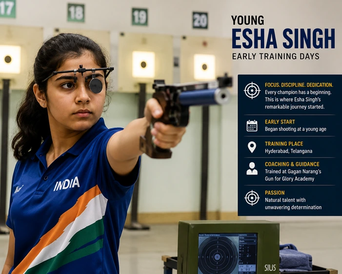 Esha Singh Biography: Age, Career, Medals, Ranking & Records (2026 Updated) Young Esha Singh practicing pistol shooting during her early training in Hyderabad
