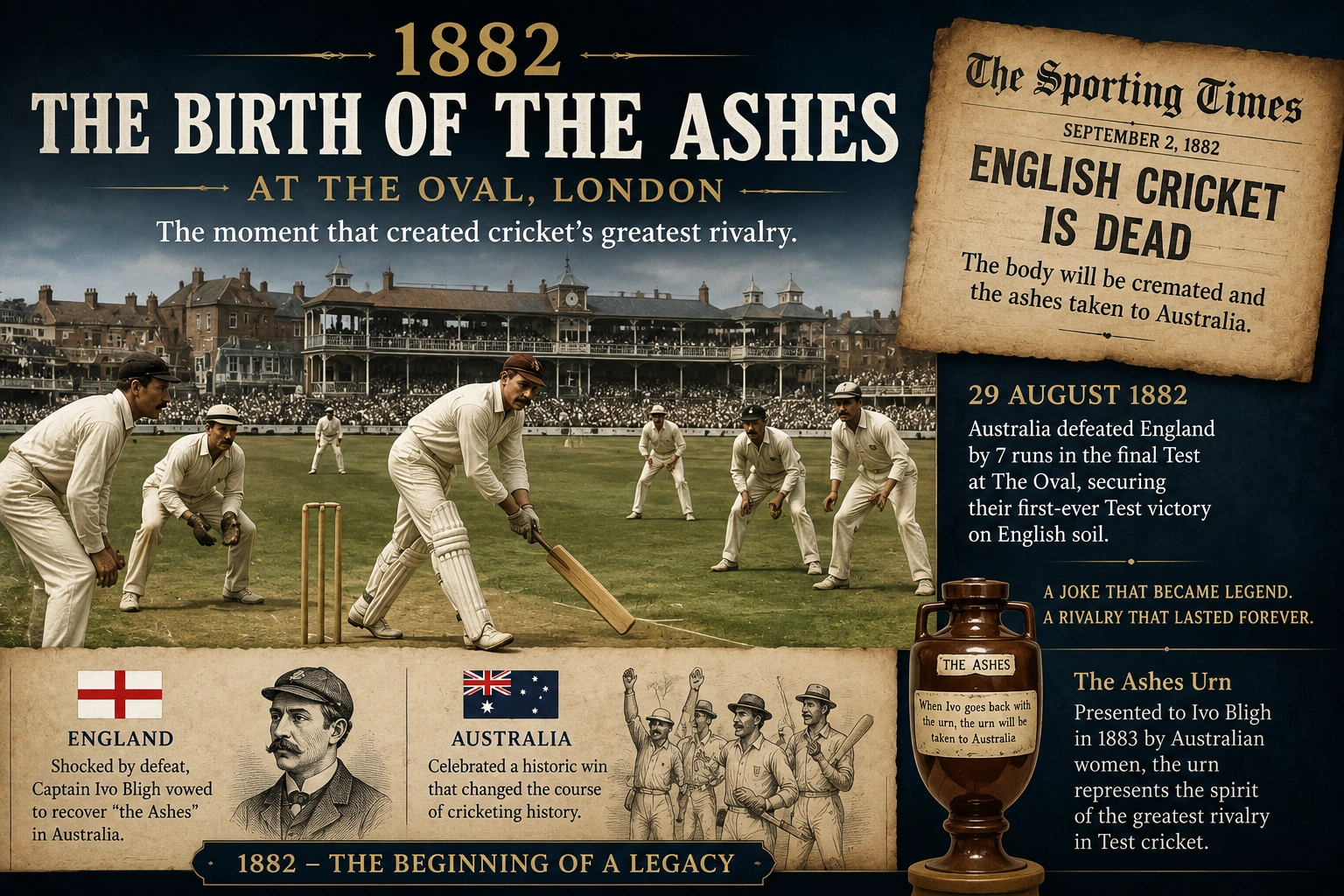 England vs Australia Ashes History Timeline: The Complete Story of Cricket's Greatest Rivalry 1882 England vs Australia Ashes origin at The Oval