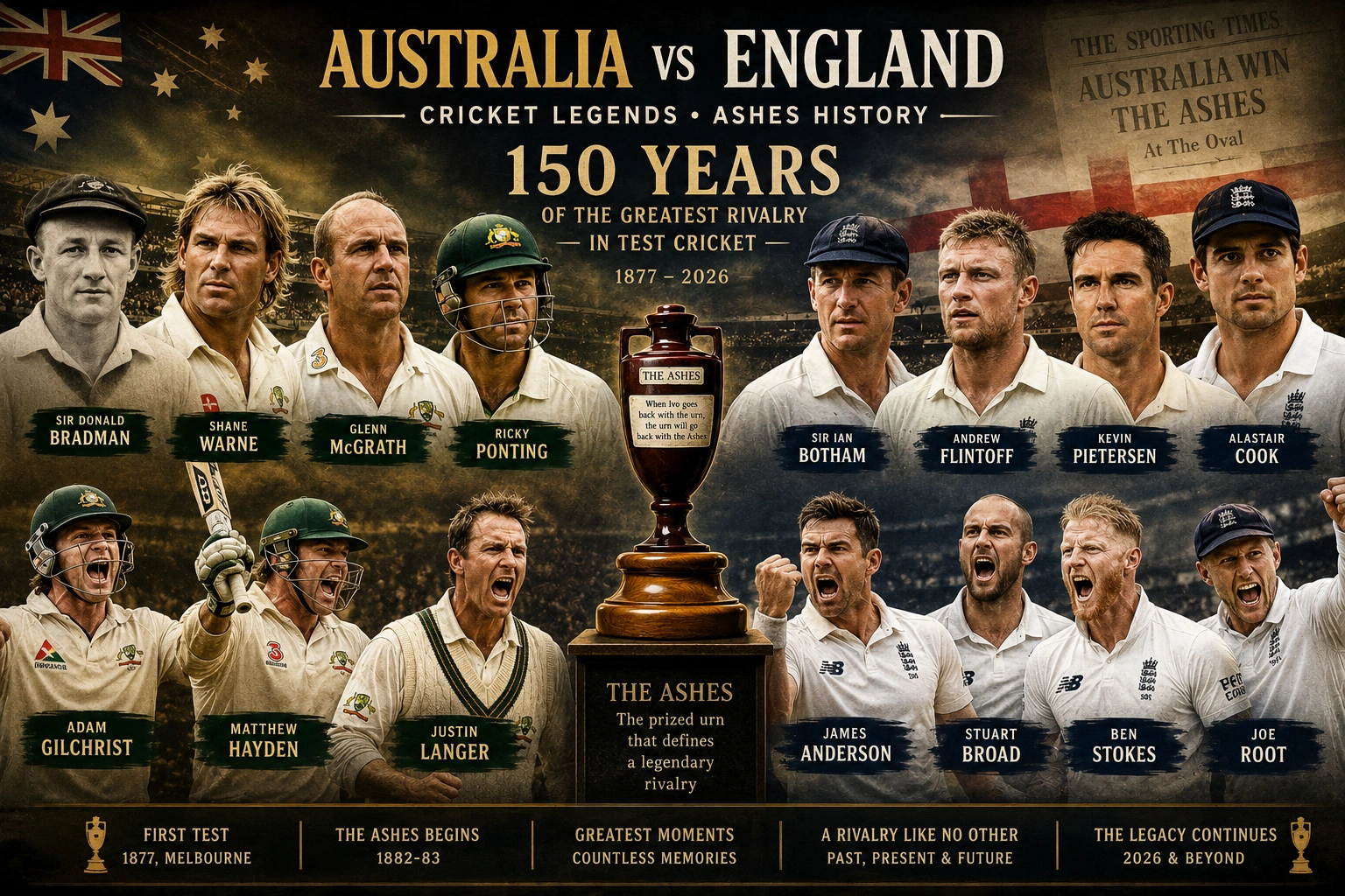 Australia vs England Test Head-to-Head Record: Complete Stats, Ashes History & Key Records (1877–2026) Australia and England cricket legends from historic Ashes series