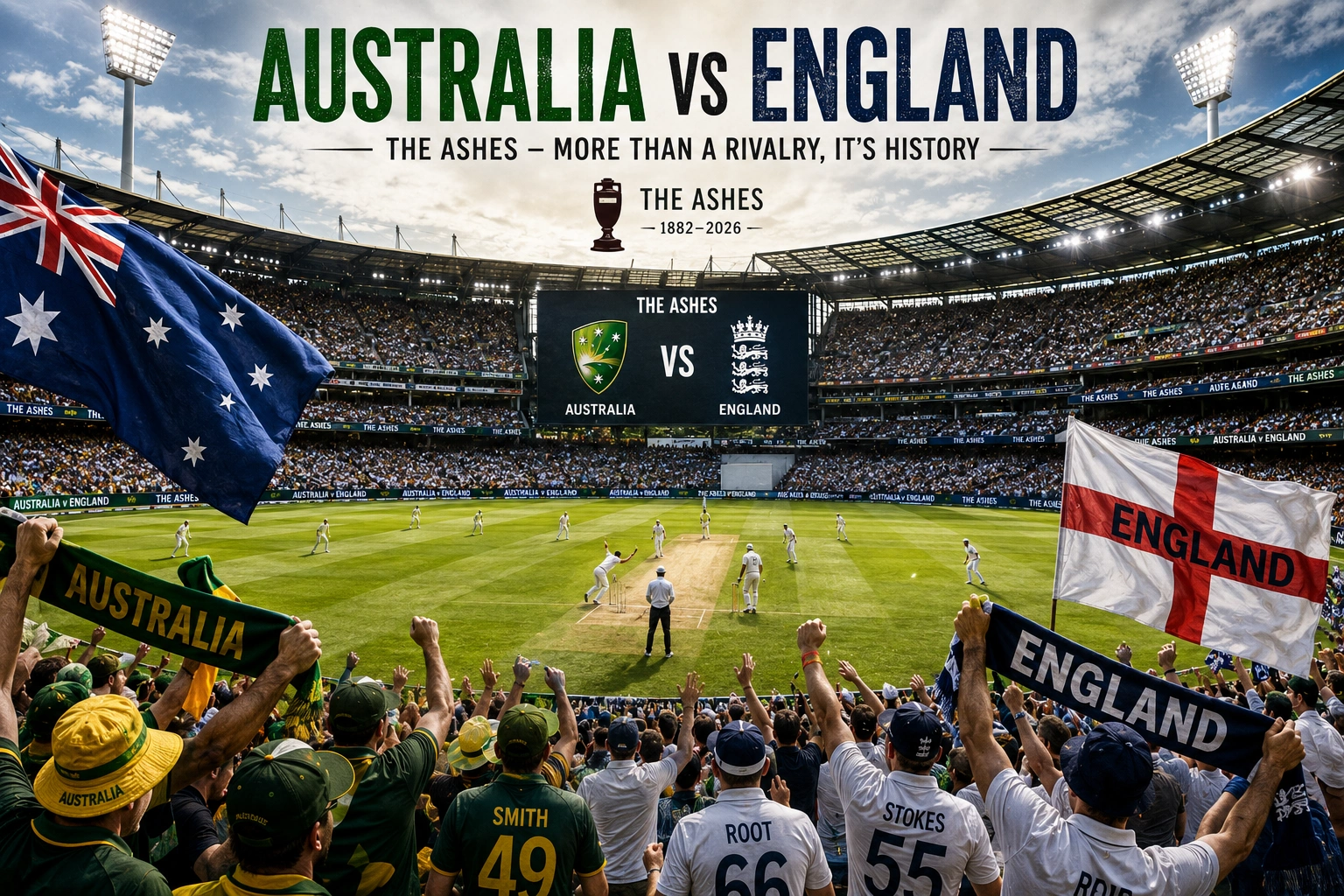 Australia vs England Test Head-to-Head Record: Complete Stats, Ashes History & Key Records (1877–2026) Australia vs England modern Ashes Test match in a packed stadium