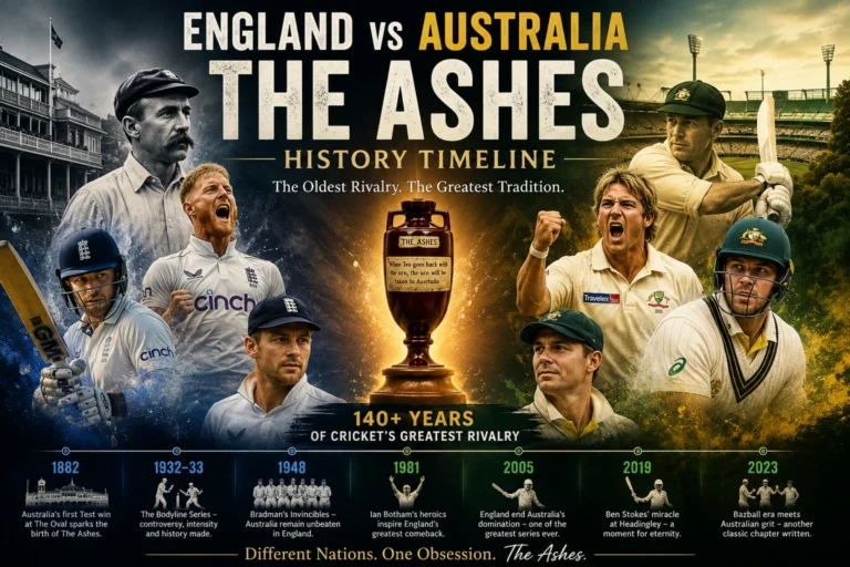 England vs Australia Ashes history timeline featuring iconic Test cricket rivalry