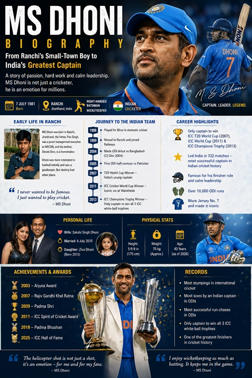 MS Dhoni Biography: Captain Cool’s Journey from Ranchi to Cricket Legend MS Dhoni Biography (2026): Age, Family, Career, Net Worth & Records