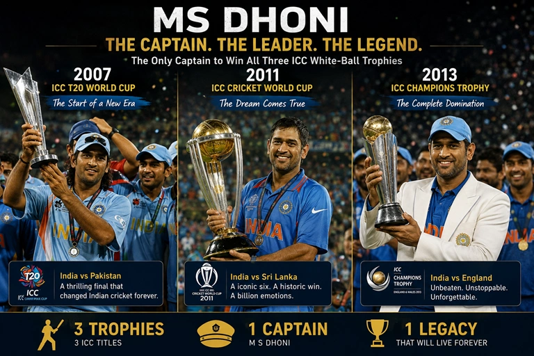 How Many Awards Won by MS Dhoni? Complete Awards List & Achievements (2026) MS Dhoni celebrating 2007 T20 World Cup, 2011 World Cup, and 2013 Champions Trophy wins