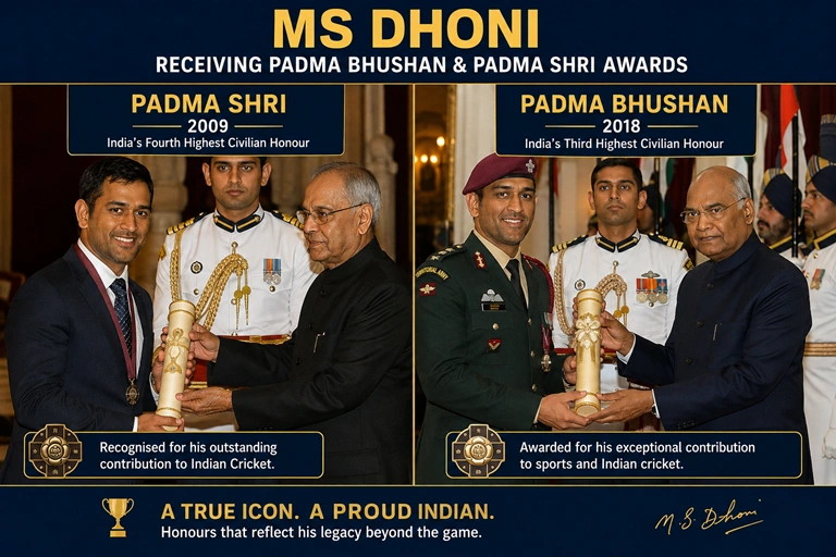 How Many Awards Won by MS Dhoni? Complete Awards List & Achievements (2026) MS Dhoni receiving Padma Bhushan and Padma Shri awards