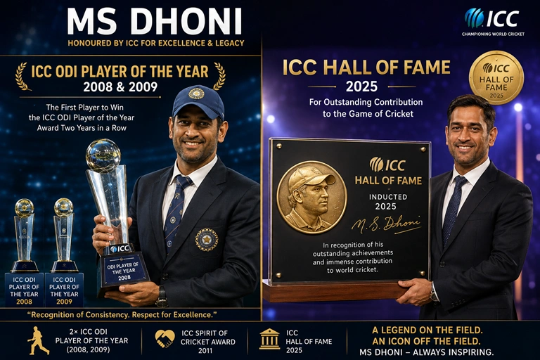 How Many Awards Won by MS Dhoni? Complete Awards List & Achievements (2026) MS Dhoni with ICC ODI Player of the Year and ICC Hall of Fame recognition