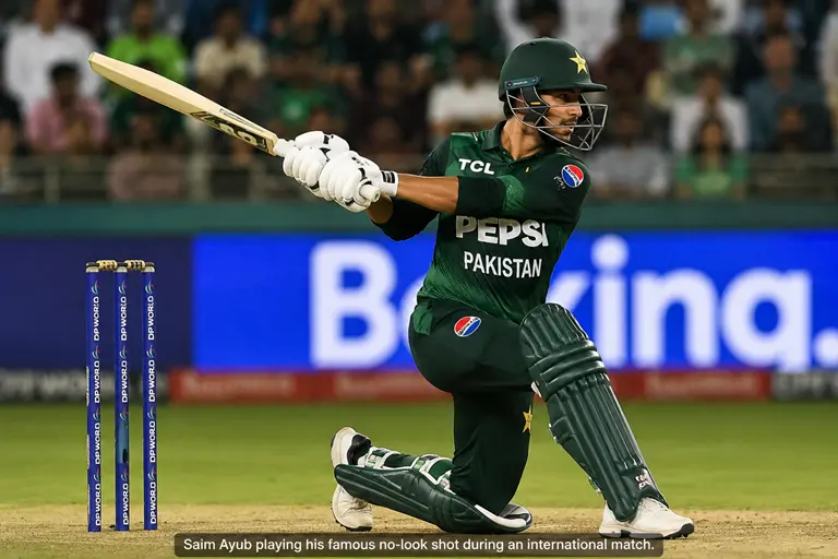 How the ‘No-Look Shot’ Became Saim Ayub’s Signature Stroke Saim Ayub playing his famous no-look shot during an international cricket match