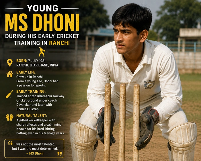 MS Dhoni Biography: Captain Cool's Journey from Ranchi to Cricket Legend Young MS Dhoni during his early cricket training in Ranchi